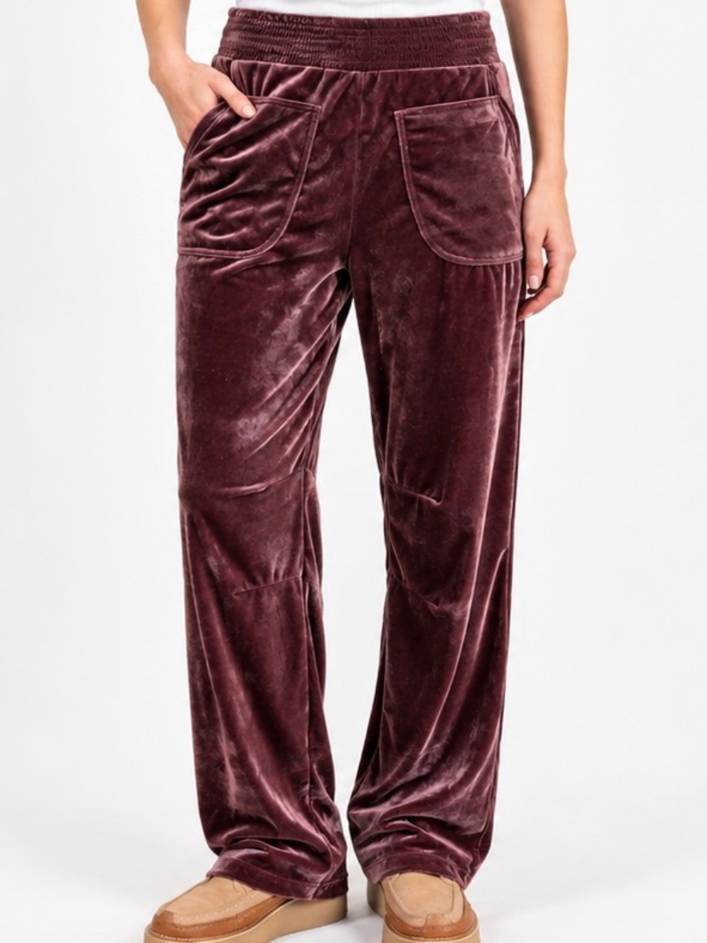 Easel Barrel Velvet Boho Pants Elastic Waist Cozy Boho Mocha Plum